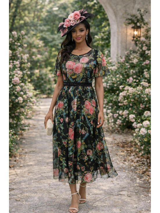 Mac Duggal Dresses & Skirts - Mac Duggal Floral Midi Dress Size 8 NWT Sheer Overlay Beaded Waist Garden Party